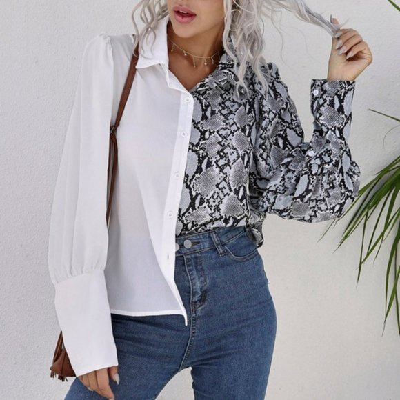 Snakeskin Print Button Through Bishop Sleeve Blous - Picture 5 of 6